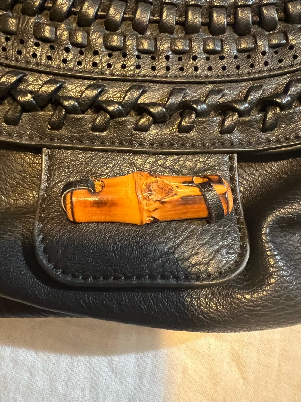 Big Buddha Black Leather Hobo with Braided Trim and Amber wood like Accent - Picture 5 of 8